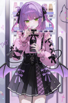 1girl absurdres alternate_costume alternate_hairstyle bandaid bandaid_on_face bandaid_on_hand barbell_piercing black_collar black_ribbon black_skirt bleeding blood bow cellphone closed_mouth clothing_cutout collar collared_shirt commentary cowboy_shot cross cross-laced_clothes cross-laced_sleeves cross_earrings cross_necklace cuts demon_girl demon_tail demon_wings ear_piercing earclip earrings frilled_shirt frilled_sleeves frills gradient_hair green_eyes hair_bow hair_ornament hairclip hand_up high-waist_skirt highres holding holding_phone hololive industrial_piercing injury jewelry jirai_kei kkato leg_tattoo looking_at_viewer low_wings miniskirt multicolored_hair nail_polish neck_ribbon necklace phone piercing pink_hair pink_shirt pleated_skirt pointy_ears purple_hair purple_nails ribbon shirt short_hair shoulder_cutout skirt smartphone smile solo straight-on suspender_skirt suspenders tail tattoo tokoyami_towa two_side_up vending_machine virtual_youtuber winged_heart winged_heart_tattoo wings