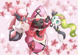 3girls :d aqua_eyes artist_name black_dress black_skin blue_flower blush bouquet closed_eyes colored_skin crystal_hair diancie dress floral_background flower forehead_jewel gen_5_pokemon gen_6_pokemon gen_7_pokemon green_hair grey_skin hair_flower hair_ornament hat headset highres holding holding_bouquet legendary_pokemon long_hair looking_at_another meloetta meloetta_(aria) multiple_girls mythical_pokemon nintendo no_feet open_mouth pink_background pink_eyes pink_flower pink_hair pink_headwear pokemon pokemon_(creature) rock saki_pokeoekaki sidelocks smile strapless tapu_lele tube_top very_long_hair white_dress white_skin white_tube_top yellow_flower