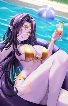 1girl absurdres ball beachball bikini biyo_yoo black_hair black_lips body_markings bracelet breasts colored_skin commentary english_commentary food fruit gold_bikini gold_bracelet highres indie_virtual_youtuber jewelry long_hair orange_(fruit) orange_slice piercing pointy_ears pool purple_skin second-party_source smile solo stomach_tattoo swim_ring swimsuit tattoo vexoria_the_sun_eater vexoria_the_sun_eater_(shattered_sun_goddess) virtual_youtuber yellow_eyes