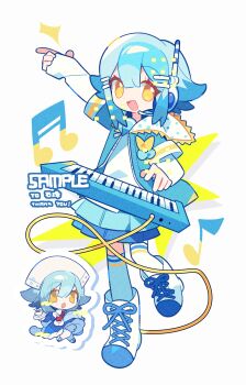 1girl :d arm_up blue_hair blue_jacket blue_skirt blunt_bangs boots chibi double-parted_bangs full_body hair_between_eyes hair_ornament hairclip hat headset highres instrument jacket keyboard_(instrument) lace-up_boots layered_sleeves long_sleeves looking_at_viewer meimei_(wakamoid) multiple_views open_clothes open_jacket open_mouth original outstretched_arm parallel_hairclips shirt short_hair short_over_long_sleeves short_sleeves simple_background skirt smile standing standing_on_one_leg striped_clothes striped_thighhighs thank_you thighhighs white_background white_boots white_hat white_shirt white_thighhighs yellow_eyes