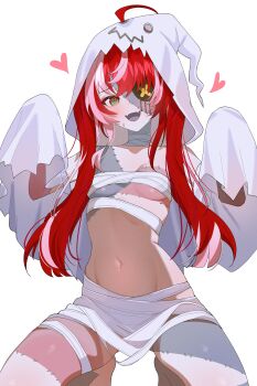 1girl absurdres bandaged_chest bandaged_leg bandaged_neck bandages breasts colored_skin colored_tongue commentary diamond-shaped_pupils diamond_(shape) eyepatch fang ghost_costume gradient_eyes green_eyes grey_hair grey_skin hair_over_shoulder highres hololive hololive_indonesia hood hood_up kureiji_ollie long_hair long_sleeves looking_at_viewer mismatched_pupils multicolored_eyes multicolored_hair navel open_mouth patchwork_skin pink_hair purple_tongue red_eyes red_hair shusuchii simple_background skin_fang sleeves_past_fingers sleeves_past_wrists small_breasts solo stitched_arm stitched_face stitched_leg stitched_torso stitches stomach symbol-only_commentary symbol-shaped_pupils virtual_youtuber white_background white_skin zombie