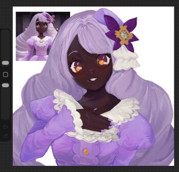 1girl ascot dark-skinned_female dark_skin dress fascinator frilled_ascot frilled_shirt_collar frills game_screenshot_inset hand_on_own_chest highres jacinthe_(pokemon) long_hair long_sleeves looking_at_viewer low_drills mega_stone nail_polish nintendo parted_lips pokemon pokemon_legends:_z-a puffy_sleeves purple_dress purple_eyes purple_hair purple_nails reference_inset roruua smile solo very_dark_skin