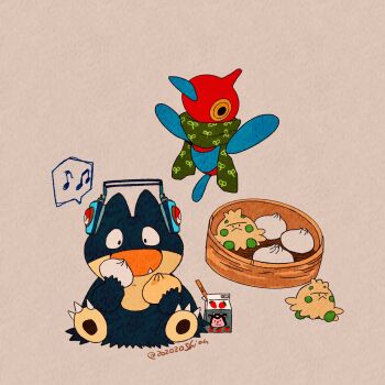 black_eyes bowl commentary fang food gen_2_pokemon gen_3_pokemon gen_4_pokemon green_scarf headphones highres holding holding_food milk_carton miltank munchlax musical_note nintendo no_humans open_mouth pokemon pokemon_(creature) porygon-z scarf shroomish simple_background sitting steamed_bun twitter_username zozozoshion