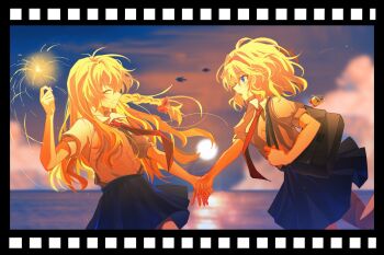 2girls alice_margatroid alternate_costume bag bag_charm blonde_hair blue_eyes blue_skirt bow braid charm_(object) closed_eyes cloud collared_shirt commentary contemporary film_strip_border fireworks grin hair_bow hairband hand_grab hashtag-only_commentary highres holding holding_fireworks holding_hands kirisame_marisa long_hair mi_pomeranian multiple_girls necktie ocean outdoors puffy_short_sleeves puffy_sleeves red_bow red_hairband red_necktie school_bag school_uniform shanghai_doll shirt short_sleeves shoulder_bag side_braid single_braid skirt smile sparkler sun touhou white_shirt