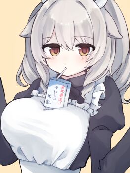 1girl animal_ears apron black_dress black_shirt blush breasts brown_background brown_eyes bubble_tea_challenge carton closed_mouth collared_dress cow_ears cow_girl cow_horns dot_nose dress drill_hair drink drink_carton drinking drinking_straw drinking_straw_in_mouth expressionless frilled_apron frills goat_ears goat_girl grey_hair hair_between_eyes hands_up highres horns juice_box juliet_sleeves large_breasts light_blush long_hair long_sleeves looking_at_viewer maid maid_apron maid_headdress medium_hair milk milk_carton milltina_(vrchat) momijitoi object_on_breast puffy_sleeves sheep_ears shirt sidelocks simple_background solo twintails upper_body vrchat white_apron white_horns yellow_background