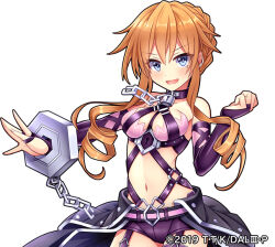 Rule 34 | 1girl, bare shoulders, blue eyes, braid, breasts, bridal gauntlets, chain, cleavage, crown braid, cuffs, date a live, drill hair, edamame senpai, garter straps, looking at viewer, low twintails, medium breasts, navel, official art, open mouth, orange hair, sidelocks, solo, twin drills, twintails, upper body, v-shaped eyebrows, vivid army, white background, yamai kaguya