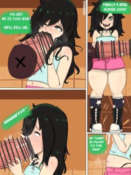 1boy 1girl 4koma absurdres animal animal_penis bar_censor bare_shoulders bestiality black_footwear black_hair blue_socks boots breasts camisole censored comic covered_erect_nipples cum cum_in_mouth cum_inflation disembodied_penis drooling english_text excited fellatio from_side full_body green_camisole green_eyes hair_over_one_eye half-closed_eye handjob happy_tears hetero highres horse horse_penis huge_penis inflation kuroki_tomoko long_hair lower_body miniskirt naughty_face navel open_mouth oral panties pantyshot penis penis_awe petite pink_skirt portrait profile rolling_eyes saliva skirt small_breasts socks speech_bubble standing tears teeth tenshio thighs two-handed_handjob two-tone_footwear underwear upper_body upper_teeth_only watashi_ga_motenai_no_wa_dou_kangaetemo_omaera_ga_warui! white_footwear white_panties