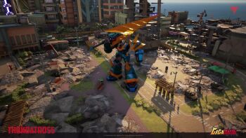 6+others alien animated audible_music beach beach_umbrella blue_hair boat building burger car character_name city colored_electricity copyright_name crane_(machine) crosshair day destruction dinosaur dragon electricity electrified_sword electrified_weapon energy english_text eruption fire giant giant_monster giant_robot gigabash glowing glowing_sword glowing_weapon harbor horns kaiju lava lightning mecha monster motion_blur motion_lines motor_vehicle mountain multiple_others ocean overcast palm_tree passion_republic_games pincers pipijuras pool rawa road robot sand ship sky skyscraper sound space_monster street supervillain sword tail thundatross tree umbrella video volcano water watercraft weapon woolley yellow_electricity