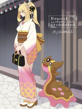 1girl absurdres bag blonde_hair braid breasts closed_mouth commentary_request cynthia_(pokemon) gastrodon gastrodon_(west) gen_4_pokemon gradient_clothes gradient_kimono grey_eyes hair_ornament handbag highres japanese_clothes kimono long_hair mijukuma nintendo obi open_mouth pink_kimono pokemon pokemon_(creature) pokemon_dppt ponytail sandals sash slug smile socks white_kimono white_socks