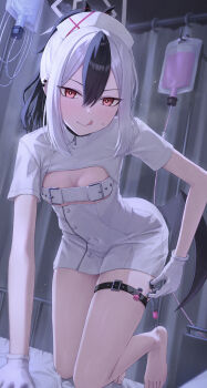 1girl absurdres bare_legs barefoot belt belt_bra black_hair black_horns blue_archive blush breasts cleavage_cutout clothing_cutout commentary demon_horns demon_wings dress earrings gloves gradient_hair grey_halo hair_between_eyes halo hat highres holding holding_syringe hoop_earrings horns huran_tea infirmary jewelry kayoko_(blue_archive) kneeling licking_lips long_hair looking_at_viewer multicolored_hair nurse nurse_cap on_bed red_eyes short_sleeves single_wing small_breasts smile solo syringe thigh_belt thigh_strap thighs tongue tongue_out two-tone_hair white_belt white_dress white_gloves white_hair wings
