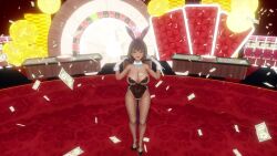 1girl 3d animal_ears animated ass ass_shake bare_shoulders black_hair black_leotard blue_archive blue_bow blue_bowtie bouncing_ass bouncing_breasts bow bowtie breasts cleavage collarbone cowboy_shot curvy dancing dark-skinned_female dark_skin detached_collar fake_animal_ears fishnets from_side gloves halo highleg highleg_leotard highres huge_ass karin_(blue_archive) karin_(bunny)_(blue_archive) large_breasts leotard long_hair looking_at_viewer mikumikudance_(medium) playboy_bunny ponytail rabbit_ears shiny_clothes shiny_skin sideboob sidelocks sound tagme thong_leotard very_long_hair video white_gloves wide_hips wrist_cuffs yellow_eyes