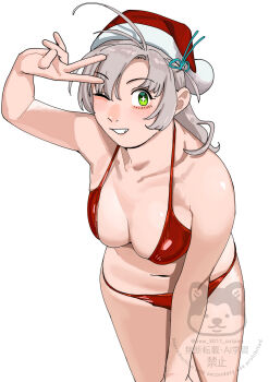 +_+ 1girl alternate_costume antenna_hair bikini breasts christmas cleavage commentary_request green_eyes grey_hair grin hair_tie hat highres kantai_collection kinugasa_(kancolle) kinugasa_kai_ni_(kancolle) leaning_forward looking_at_viewer medium_breasts ojipon one_eye_closed red_bikini santa_hat simple_background smile solo swimsuit v watermark white_background