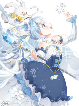 Rule 34 | 1girl, 1other, absurdres, animal, aqua hair, aqua nails, bare shoulders, beamed eighth notes, breasts, center frills, commentary request, dress, eighth note, fingernails, fortissimo, frilled dress, frills, hair ornament, hatsune miku, highres, holding, holding scepter, long hair, long sleeves, looking at viewer, looking up, musical note, musical note hair ornament, nail polish, natsu-984522, official alternate costume, official alternate hairstyle, open mouth, puffy long sleeves, puffy sleeves, rabbit, rabbit yukine, scepter, signature, small breasts, smile, snowflakes, strapless, strapless dress, twintails, very long hair, vocaloid, white rabbit (animal), yuki miku, yuki miku (2019)