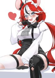 Rule 34 | 1girl, absurdres, animal ears, ascot, asymmetrical legwear, black-framed eyewear, black bow, black bowtie, black gloves, black hair, black shorts, black thighhighs, blush, bow, bowtie, breasts, commentary, frilled shirt, frills, gloves, grey ascot, hair bow, hakos baelz, hakos baelz (4th costume), heart, heart-shaped pupils, highres, hololive, hololive english, large breasts, long sleeves, looking at viewer, low twintails, mintz912, mismatched legwear, mouse ears, mouse girl, mouse tail, multicolored hair, official alternate costume, official alternate hairstyle, open mouth, overall shorts, overalls, puffy long sleeves, puffy sleeves, red hair, round eyewear, sharp teeth, shirt, shorts, simple background, sitting, skindentation, smile, solo, streaked hair, symbol-shaped pupils, tail, teeth, thighhighs, thighs, torn clothes, torn thighhighs, twintails, virtual youtuber, white background, white bow, white hair, white shirt, white thighhighs
