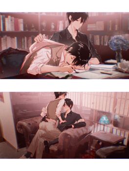 2boys black_gloves black_hair blue_eyes blush book bookshelf closed_eyes closed_mouth commentary_request conukvil4bopvag flower gloves head_on_table highres holding holding_pen kawase_(koshotengai_no_hashihime) koshotengai_no_hashihime long_sleeves looking_at_another male_focus multiple_boys on_lap open_book pen sitting sitting_on_lap sitting_on_person sleeping split_screen tamamori_(koshotengai_no_hashihime) yaoi