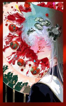 1girl absurdres animal_ears blood blood_from_mouth blood_on_face blue_eyes blue_hair border colored_eyelashes eyelashes fang gradient_hair hair_ornament highres long_hair looking_at_viewer mold multicolored_hair original profile red_border red_pupils rotting sash shibahao_mianyang_lieche solo teeth tomato upper_body upper_teeth_only white_eyelashes white_sash