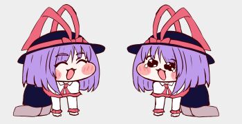 Rule 34 | 1girl, :3, :d, ^ ^, all fours, bissya314, black hat, black skirt, blush, bow, capelet, chibi, closed eyes, commentary request, frilled capelet, frills, full body, grey background, hat, hat bow, highres, long sleeves, meme, nagae iku, open mouth, pleading eyes, purple hair, red bow, short hair, simple background, skirt, smile, speakiposting (meme), tearing up, touhou