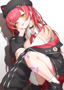 Rule 34 | 1girl, bandaid, bandaid on leg, beret, black hat, black jacket, black shoes, collared shirt, commentary, fang, hat, highres, jacket, long hair, long sleeves, looking at viewer, neckerchief, nekota tsuna, open clothes, open jacket, orange eyes, orange hair, red hair, red neckerchief, school uniform, shadow, shirt, shoes, simple background, smile, socks, solo, squatting, symbol-only commentary, tongue, tongue out, virtual youtuber, vspo!, white background, white socks, z.m. (zimin)