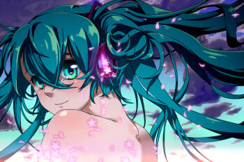 Rule 34 | 1girl, aqua eyes, aqua hair, female focus, flower, hatsune miku, headphones, long hair, looking back, nemeko, nude, outdoors, petals, sky, smile, solo, twintails, vocaloid