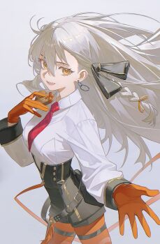 1girl absurdres brown_eyes candy chocolate chocolate_heart commentary_request english_text fate/grand_order fate_(series) floating_hair food gloves grey_background heart heart-shaped_food highres long_hair long_sleeves looking_at_viewer necktie olga_marie_animusphere olga_marie_animusphere_(unbeast) open_mouth orange_pantyhose pantyhose reaching reaching_towards_viewer red_necktie sharp_teeth shirt simple_background smile solo teeth tian_nima very_long_hair white_shirt