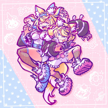 2girls animal_collar animal_ear_fluff animal_ears bandaid bandaid_hair_ornament belt blonde_hair blue_belt blue_eyes border breasts claw_pose cleavage collar commentary dog_ears dog_girl dog_tail donut dress english_commentary facing_viewer fake_horns fang fangs fishnet_socks fishnets food full_body fuwawa_abyssgard hair_ornament hairclip hands_up headphones headphones_around_neck highres hololive hololive_english horns jacket large_breasts long_hair looking_at_another mococo_abyssgard multicolored_hair multiple_girls open_clothes open_jacket parallel_hairclips paw_print pink_belt pink_eyes pon_de_ring ruffian_(fuwamoco) shoes short_hair short_twintails shorts siblings signature single_fishnet_legwear sisters sneakers socks spiked_collar spikes streaked_hair tail tongue tongue_out torkirby twins twintails virtual_youtuber white_border white_dress white_shorts x_hair_ornament