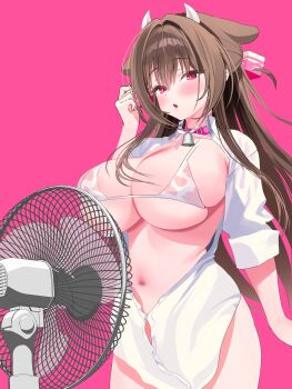 1girl absurdres animal_ears animal_print bell bikini blush breasts brown_hair cleavage collar collared_shirt cow_ears cow_girl cow_horns cow_print cube_hair_ornament electric_fan hair_between_eyes hair_ornament hashtag-only_commentary highres horns huge_breasts long_hair looking_at_viewer meat_hair_ornament navel neck_bell nikuya_(nikuniku_nikuya) original parted_lips partially_unbuttoned pink_background pink_collar shirt simple_background skindentation sleeves_rolled_up solo swimsuit very_long_hair white_bikini white_shirt