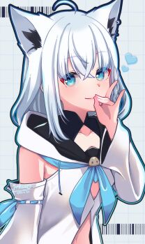 1girl absurdres ahoge animal_ear_piercing animal_ears blue_eyes blue_neckerchief closed_mouth commentary_request detached_sleeves fox_ears fox_girl fox_shadow_puppet highres hololive hood hoodie long_hair looking_at_viewer neckerchief shirakami_fubuki shirakami_fubuki_(1st_costume) solo virtual_youtuber white_hair white_hoodie white_sleeves yokuto