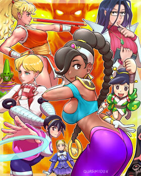 2boys 6+girls absurdres ass ayame_(power_stone) bandages black_hair blonde_hair blue_eyes braid braided_ponytail breasts brown_eyes brown_hair butt_crack capcom capcom_fighting_collection_2 crop_top cropped_sweater crossover dark-skinned_female dark_skin earrings ele_(star_gladiator) fingerless_gloves genryuusai_maki glasses gloves hair_bun hair_over_one_eye hairband high_ponytail highres holding holding_weapon ingrid_(capcom) japanese_clothes jewelry king_(snk) lab_coat large_breasts leotard long_hair looking_at_viewer mask minazuki_kyoko multiple_boys multiple_crossover multiple_girls necklace ninja pantyhose ponytail pyron quasimodox red_gloves red_sweater ribbed_sweater rouge_(power_stone) saturn_dyer short_hair sideboob single_braid single_hair_bun skirt smile snk sweater the_king_of_fighters tonfa turtleneck turtleneck_sweater weapon white_gloves yellow_hairband