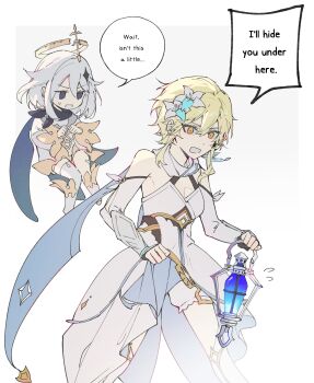 2girls absurdres bare_shoulders blonde_hair bloomers boots clothes_lift commentary detached_sleeves dress dress_lift english_commentary english_text feather_hair_ornament feathers feet_out_of_frame flower flying_sweatdrops genshin_impact hair_flower hair_ornament halo heishisei highres holding holding_lantern lantern lifting_own_clothes long_hair lumine_(genshin_impact) multiple_girls open_mouth paimon_(genshin_impact) perversion_of_canon romper scene_reference short_hair_with_long_locks simple_background speech_bubble sweatdrop thigh_boots underwear white_background white_bloomers white_dress white_hair white_romper yellow_eyes