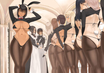 6+girls abs animal_ears ass back bikini black_bikini black_hair black_pantyhose blonde_hair bow bowtie breasts breasts_apart brown_hair brown_pantyhose butt_crack dark-skinned_female dark_skin edea_(throtem) fake_animal_ears feet_out_of_frame glasses gluteal_fold highleg highleg_bikini highres indoors large_breasts long_hair looking_at_another maid maid_headdress martha_(throtem) matilda_(throtem) multiple_girls navel original pantyhose pink_hair playboy_bunny queue rabbit_ears rabbit_tail red_bow red_bowtie rosemary_(throtem) shoulder_blades shrug_(clothing) stomach swimsuit tail thigh_gap thong throtem tiana_(throtem) torako_(throtem)