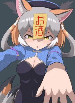 1girl absurdres animal_ears breasts brown_hair china_dress chinese_clothes cleavage dress extra_ears fox_ears fox_girl fox_tail grey_background grey_hair hat highres island_fox_(kemono_friends) jiangshi kemono_friends kemono_friends_v_project large_breasts long_hair looking_at_viewer ofuda ofuda_on_head outstretched_arms rest_in_muni simple_background solo tail twintails virtual_youtuber yellow_eyes zombie_pose