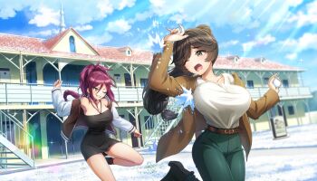 2girls black_dress breasts brown_eyes brown_hair brown_jacket building cleavage cross cross_earrings day dolphin_wave dress earrings game_cg green_pants grey_eyes high_ponytail highres holding holding_snowball jacket jewelry kurenashi_yuuri large_breasts letterman_jacket long_hair low-tied_long_hair mole mole_under_mouth multiple_girls non-web_source official_art one_eye_closed ootomo_takuji open_clothes open_jacket open_mouth pants ponytail purple_hair scared sharp_teeth shirt snow snowball snowball_fight sunlight tearing_up teeth throwing white_shirt yamaba_yume
