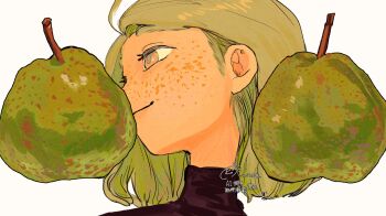 1girl 22_sunny2 commentary_request food freckles fruit green_hair high_collar highres looking_to_the_side orange_eyes original pear portrait profile short_hair smile solo white_background