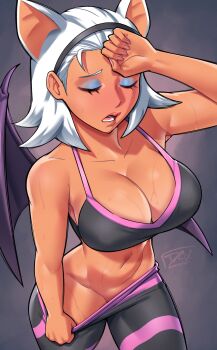 1girl animal_ears bat_ears bat_girl bat_wings blue_eyeshadow breasts cleavage closed_eyes clothes_pull collarbone dracksart exercising eyeshadow furry gym_pants hairband hand_on_forehead highres humanization large_breasts lips makeup navel open_mouth pants pants_pull purple_background purple_wings rouge_the_bat signature simple_background sonic_(series) sports_bra sportswear stomach sweat tan white_hair wings