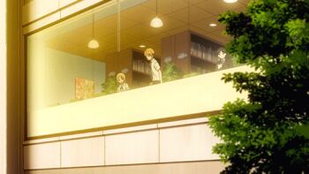1boy 1girl animated animated_gif anime_screenshot black_neckerchief blonde_hair blue_sailor_collar blue_skirt braid breast_pocket breasts chair cola green_chair hayasaka_ai kaguya-sama_wa_kokurasetai_~tensai-tachi_no_renai_zunousen~ legs long_hair medium_breasts miniskirt neckerchief necktie pleated_skirt pocket sailor_collar school_uniform serafuku sexually_suggestive shirogane_miyuki shirt short_hair short_sleeves shuuchiin_academy_school_uniform sitting skirt smithee_a._haysaca thighs thighs_focus white_serafuku white_shirt