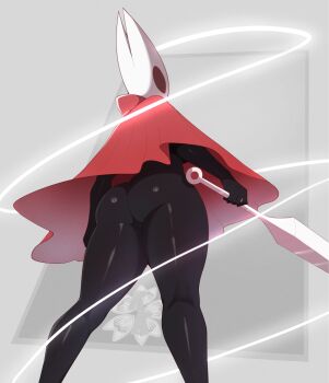 1girl artist_logo ass black_bodysuit bodysuit cloak grey_background highres holding holding_weapon hollow_knight hollow_knight:_silksong hornet_(hollow_knight) kokoe_(pyuncho) logo needle_(hollow_knight) red_cloak solo weapon white_mask
