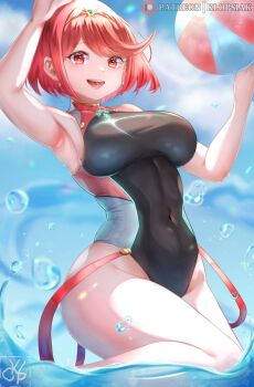 1girl ball beachball breasts competition_swimsuit day dot_nose highres in_water klopsiak large_breasts matching_hair/eyes one-piece_swimsuit open_mouth outdoors playing pyra_(pro_swimmer)_(xenoblade) pyra_(xenoblade) red_eyes red_hair smile solo standing swimsuit taut_clothes taut_swimsuit thick_thighs thighs water wide_hips xenoblade_chronicles_(series) xenoblade_chronicles_2