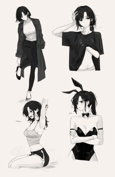 ... 1girl absurdres adjusting_footwear anger_vein animal_ear_hairband animal_ears arm_up bare_shoulders blush bow bowtie breasts camisole cleavage closed_mouth coat collarbone cropped_legs crossed_arms detached_collar dolphin_shorts fake_animal_ears feint721 feint721_(person) fingernails from_side full_body genderswap genderswap_(mtf) greyscale hairband hand_on_own_head hand_under_clothes high_heels highres large_breasts leotard long_hair long_sleeves looking_ahead looking_at_viewer looking_to_the_side medium_breasts medium_hair midriff mole mole_under_eye monochrome multiple_views nail_polish navel open_mouth original panties pants playboy_bunny ponytail rabbit_ear_hairband rabbit_ears scratching_chest self-portrait shirt shorts simple_background sitting small_breasts stomach strapless strapless_leotard stretching thighs tight_clothes tight_pants underwear yawning