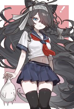 Rule 34 | !, 1girl, animal ears, black hair, blue eyes, cat ears, ebora, hair ribbon, headband, highres, kasli (nyanko daisensou), nyanko daisensou, pale skin, ribbon, stuffed animal, stuffed toy, thighhighs