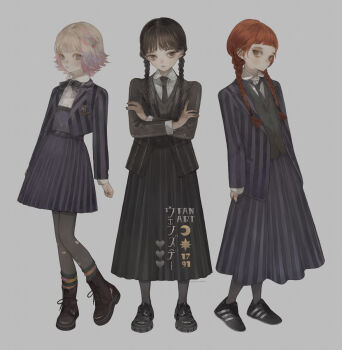 3girls the_addams_family agnes_demille black_boots black_hair black_jacket black_necktie black_shoes black_skirt boots braid closed_mouth crossed_arms enid_sinclair full_body grey_background grey_jacket grey_skirt heel_up highres jacket long_hair long_skirt long_sleeves looking_at_viewer miniskirt multiple_girls necktie nekosuke_(oxo) open_clothes open_jacket red_hair shoes short_hair simple_background skirt skirt_set sneakers standing striped_clothes striped_jacket striped_skirt twin_braids wednesday_(netflix) wednesday_addams