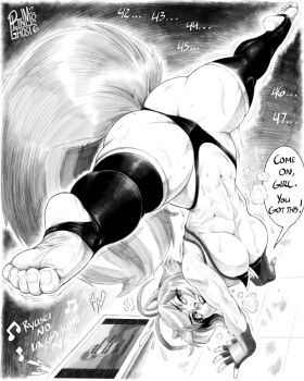 1girl abs animal_ears ass bare_shoulders blazblue breasts commentary english_commentary exercising fingerless_gloves gloves large_breasts makoto_nanaya pltnm_ghost short_hair sleeveless squirrel_ears squirrel_girl squirrel_tail tablet_pc tail teeth thong underboob upper_teeth_only upside-down