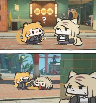 2boys 4girls ? animal_ears black_fur black_mask body_fur burnice_white cat_ears cat_girl cat_tail chibi disguise furry furry_female furry_male game_screenshot_background highres ju_fufu multiple_boys multiple_girls pan_yinhu panda_boy pulchra_fellini screenshot_background serval striped_fur superappleman sweatdrop sweety_(zenless_zone_zero) tail tiger_ears tiger_girl tiger_tail yellow_fur zenless_zone_zero