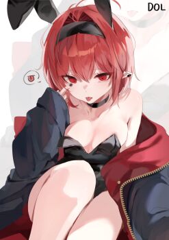 1girl absurdres animal_ears bare_shoulders black_choker black_jacket black_leotard breasts choker dolechan dungeon_and_fighter eclipse_(dungeon_and_fighter) fake_animal_ears female_mage_(dungeon_and_fighter) hairband hand_up highres jacket leotard medium_breasts off_shoulder original playboy_bunny pointy_ears rabbit_ears red_eyes red_hair short_hair sitting solo strapless strapless_leotard summoner_(dungeon_and_fighter) thighs tongue tongue_out