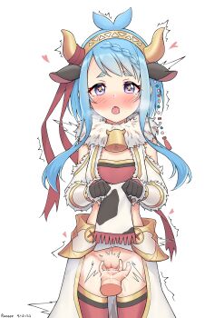 Rule 34 | absurdres, animal ears, animal print, bell, blue hair, blush, cleft of venus, cow ears, cow print, cowbell, female ejaculation, female orgasm, fingering, flat chest, headband, highres, lifting own clothes, mahiru (princess connect!), mahiru (ranger) (princess connect!), no panties, orgasm, panties, princess connect!, pussy, pussy juice, ruinone, star-shaped pupils, star (symbol), symbol-shaped pupils, underwear