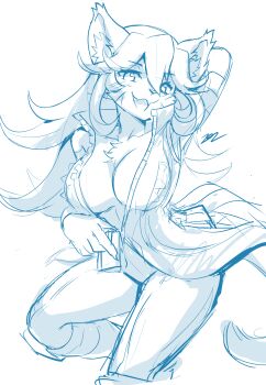 1girl absurdres animal_ears blue_theme bodysuit breasts cat_ears cat_girl cat_tail cleavage commentary cowboy_shot furry furry_female hair_between_eyes highres large_breasts little_tail_bronx long_hair looking_at_viewer monochrome open_bodysuit open_clothes opera_kranz simple_background sketch solatorobo sollyz solo standing tail white_background zipper