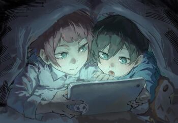 blanket blue_eyes blue_lock child green_hair highres inuinoeokiba ipad itoshi_rin itoshi_sae light_smile long_sleeves looking_at_another looking_at_object open_mouth siblings sticker tablet_pc under_covers