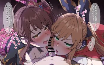 1boy 2girls 4tb_(4tera_byte) abs bar_censor blush breasts brown_eyes brown_hair censored clarisse_(granblue_fantasy) cleavage clothed_female_nude_male diantha_(granblue_fantasy) granblue_fantasy green_eyes hair_ribbon highres japanese_text long_hair looking_at_viewer medium_breasts multiple_girls nude penis penis_on_face ponytail pov ribbon smile