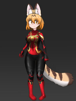 Rule 34 | 1girl, absurdres, animal ear fluff, animal ears, animal print, artist name, black bodysuit, blonde hair, blush, bodysuit, breasts, cat ears, cat girl, cat tail, closed mouth, commentary, cosplay, extra ears, full body, gold trim, grey background, hair between eyes, highres, jonstrange0613, kemono friends, kemono friends 3, large breasts, looking at viewer, marvel, multicolored bodysuit, pigeon-toed, print bodysuit, red bodysuit, serval (kemono friends), short hair, signature, smile, solo, spider-man, spider-man: no way home, spider-man (cosplay), spider-man (series), spider print, spider web print, standing, striped tail, superhero costume, tail, thick thighs, thighs, two-tone bodysuit, web shooter, yellow eyes, yellow tail