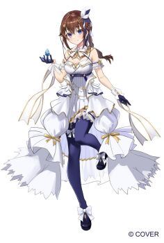 1girl arm_garter black_shoes blue_eyes blue_gloves blue_thighhighs bow bowtie braid breasts brown_hair closed_mouth commentary diamond_hair_ornament dress footwear_bow frilled_thighhighs frills full_body gary_huang gloves hair_flaps hair_ornament hair_ribbon half_gloves half_up_half_down_braid halter_dress halterneck high-low_dress hololive long_hair looking_at_viewer mary_janes medium_breasts official_alternate_costume official_alternate_hairstyle official_art pleated_dress ponytail ribbon shoes short_dress sleeveless sleeveless_dress smile solo star_(symbol) star_hair_ornament thighhighs tokino_sora tokino_sora_(birthday_2022) virtual_youtuber wavy_hair white_bow white_bowtie white_dress wrist_ribbon