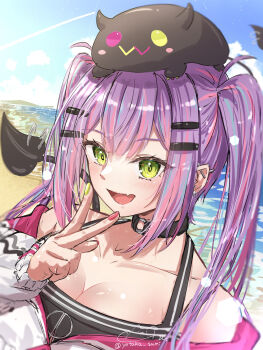 1girl absurdres beach bibi_(tokoyami_towa) black_choker black_shirt choker commentary_request demon_girl demon_tail fang highres hololive jacket looking_at_viewer multicolored_nails nail_polish o-ring o-ring_choker open_mouth outdoors piercing pink_hair pink_nails purple_streaks sand shirt skin_fang smile solo tail tail_ornament tail_piercing tokoyami_towa tokoyami_towa_(1st_costume) twintails u_da_desu virtual_youtuber water white_jacket yellow_nails